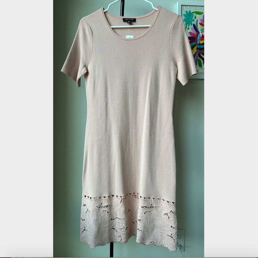 Ann Taylor NWT Pink Midi Eyelet Embroidered Floral Knit Short Sleeve Dress-Sz S